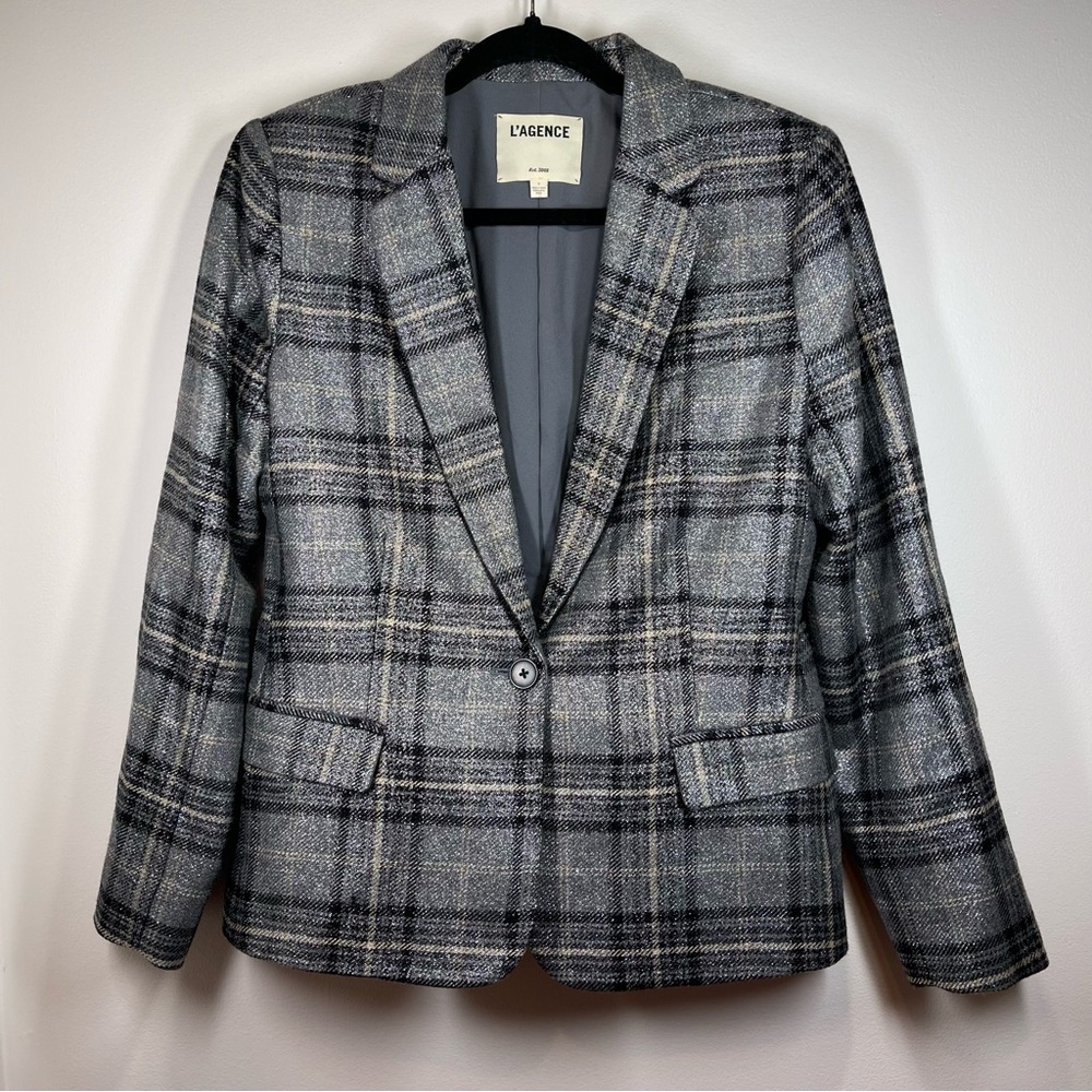 L'Agence Diana Skinny Lapel Wool Blazer in‎ Metallic Multi Plaid Size 8